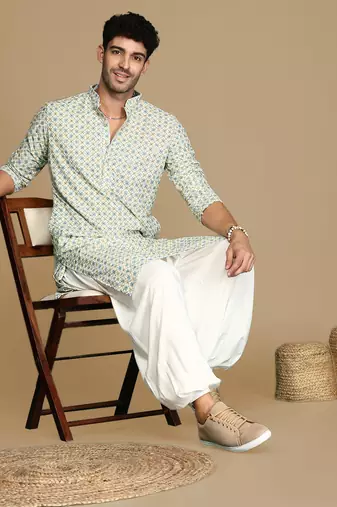 Dapper & dazzling men's printed light yellow sequins touch up fusion wear cotton kurta by sanwara