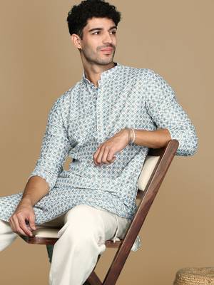 Dapper & dazzling men's printed sky blue sequins touch up fusion wear cotton kurta by sanwara 1