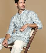 Dapper & dazzling men's printed sky blue sequins touch up fusion wear cotton kurta by sanwara