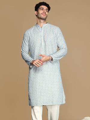 Dapper & dazzling men's printed sky blue sequins touch up fusion wear cotton kurta by sanwara 2