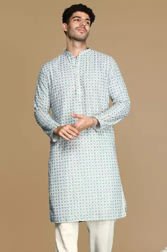 Dapper & dazzling men's printed sky blue sequins touch up fusion wear cotton kurta by sanwara