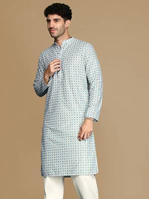 Dapper & dazzling men's printed sky blue sequins touch up fusion wear cotton kurta by sanwara 3