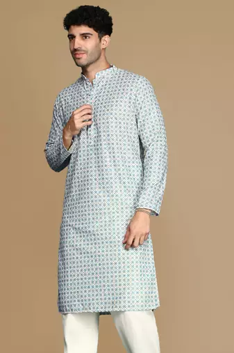 Dapper & dazzling men's printed sky blue sequins touch up fusion wear cotton kurta by sanwara