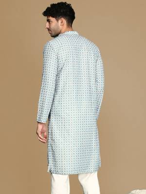 Dapper & dazzling men's printed sky blue sequins touch up fusion wear cotton kurta by sanwara 4