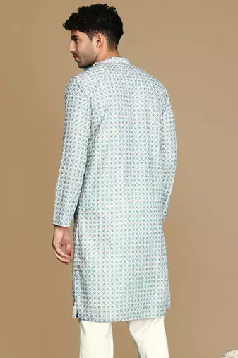 Dapper & dazzling men's printed sky blue sequins touch up fusion wear cotton kurta by sanwara
