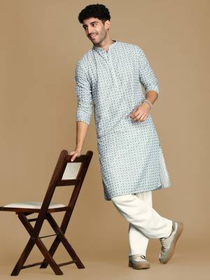 Dapper & dazzling men's printed sky blue sequins touch up fusion wear cotton kurta by sanwara 5