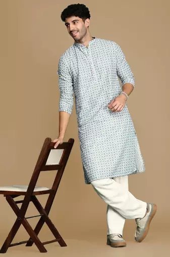 Dapper & dazzling men's printed sky blue sequins touch up fusion wear cotton kurta by sanwara