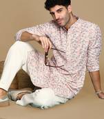 Dapper & dazzling men's printed light pink sequins touch up fusion wear cotton kurta by sanwara