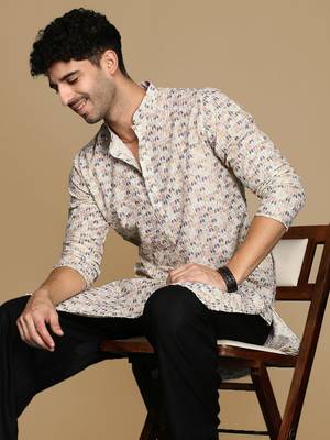 Dapper & dazzling men's printed light yellow sequins touch up fusion wear cotton kurta by sanwara 1