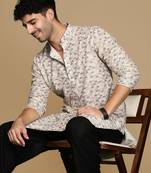 Dapper & dazzling men's printed light yellow sequins touch up fusion wear cotton kurta by sanwara