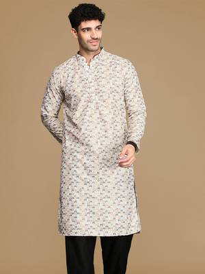 Dapper & dazzling men's printed light yellow sequins touch up fusion wear cotton kurta by sanwara 2