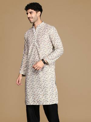 Dapper & dazzling men's printed light yellow sequins touch up fusion wear cotton kurta by sanwara 3