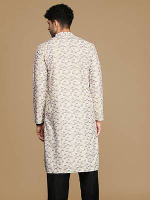 Dapper & dazzling men's printed light yellow sequins touch up fusion wear cotton kurta by sanwara 4