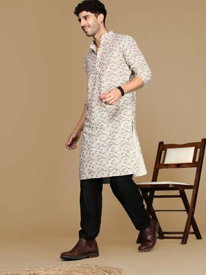 Dapper & dazzling men's printed light yellow sequins touch up fusion wear cotton kurta by sanwara 5