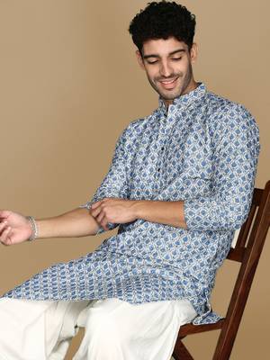 Dapper & dazzling men's printed sky blue sequins touch up fusion wear cotton kurta by sanwara 1