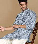 Dapper & dazzling men's printed sky blue sequins touch up fusion wear cotton kurta by sanwara