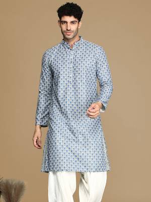 Dapper & dazzling men's printed sky blue sequins touch up fusion wear cotton kurta by sanwara 2