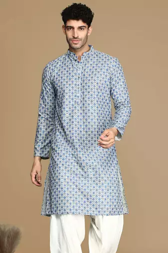 Dapper & dazzling men's printed sky blue sequins touch up fusion wear cotton kurta by sanwara