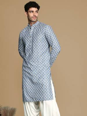 Dapper & dazzling men's printed sky blue sequins touch up fusion wear cotton kurta by sanwara 3