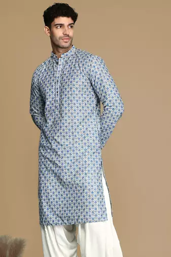 Dapper & dazzling men's printed sky blue sequins touch up fusion wear cotton kurta by sanwara