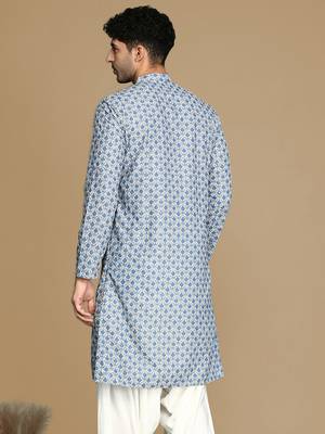 Dapper & dazzling men's printed sky blue sequins touch up fusion wear cotton kurta by sanwara 4