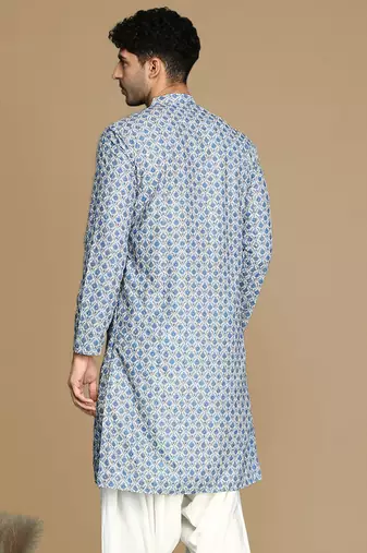 Dapper & dazzling men's printed sky blue sequins touch up fusion wear cotton kurta by sanwara