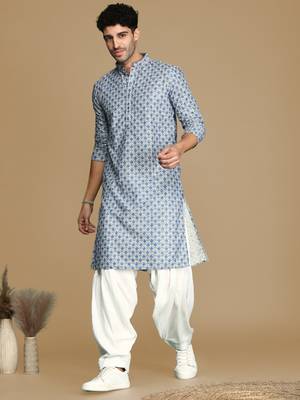 Dapper & dazzling men's printed sky blue sequins touch up fusion wear cotton kurta by sanwara 5