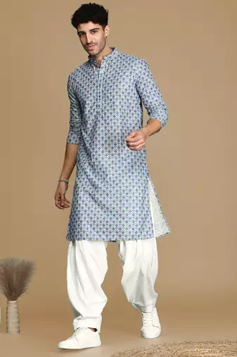 Dapper & dazzling men's printed sky blue sequins touch up fusion wear cotton kurta by sanwara