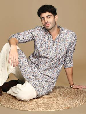 Dapper & dazzling men's printed light yellow golden zari touch up trendy wear cotton kurta by sanwara 1