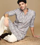 Dapper & dazzling men's printed light yellow golden zari touch up trendy wear cotton kurta by sanwara