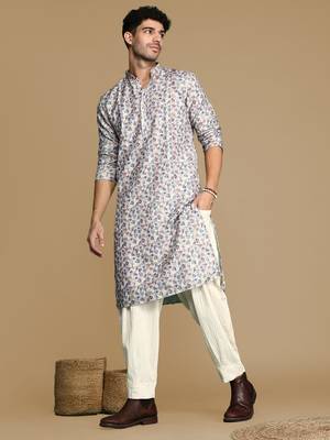 Dapper & dazzling men's printed light yellow golden zari touch up trendy wear cotton kurta by sanwara 5