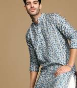 Dapper & dazzling men's printed sky blue golden zari touch up trendy wear cotton kurta by sanwara