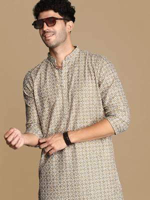 Unleash your style with men's brown printed with sequins touch up trendy fusion wear kurta by sanwara 1