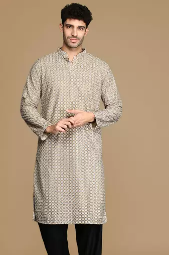 Unleash your style with men's brown printed with sequins touch up trendy fusion wear kurta by sanwara