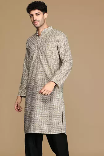 Unleash your style with men's brown printed with sequins touch up trendy fusion wear kurta by sanwara