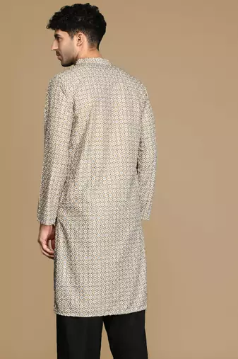 Unleash your style with men's brown printed with sequins touch up trendy fusion wear kurta by sanwara