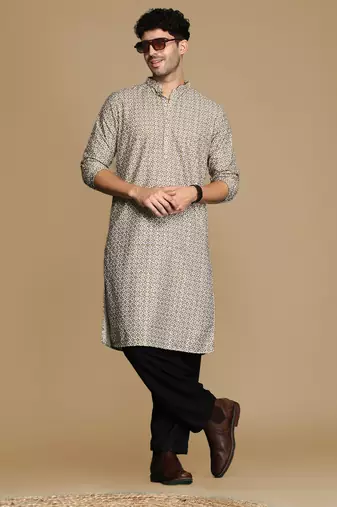 Unleash your style with men's brown printed with sequins touch up trendy fusion wear kurta by sanwara