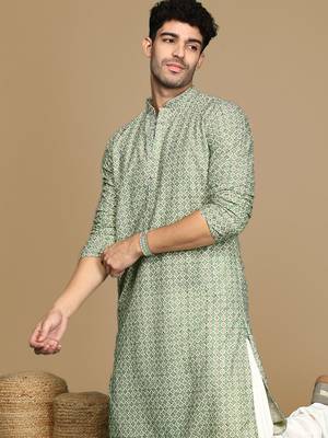 Unleash your style with men's green printed with sequins touch up trendy fusion wear kurta by sanwara 1