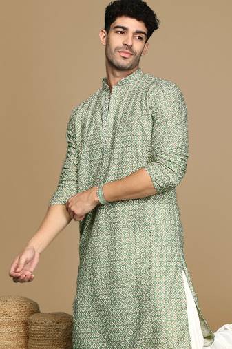 Unleash your style with men's green printed with sequins touch up trendy fusion wear kurta by sanwara