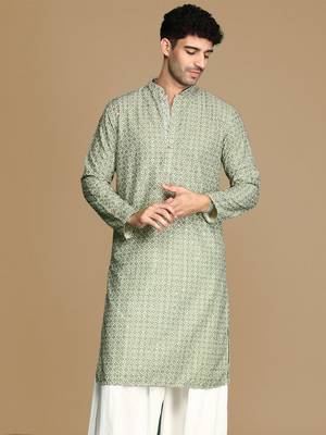 Unleash your style with men's green printed with sequins touch up trendy fusion wear kurta by sanwara 2