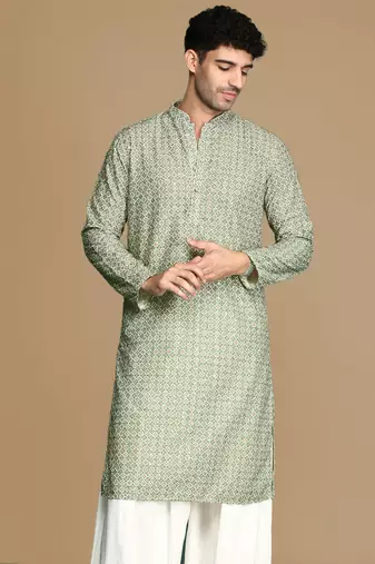 Unleash your style with men's green printed with sequins touch up trendy fusion wear kurta by sanwara