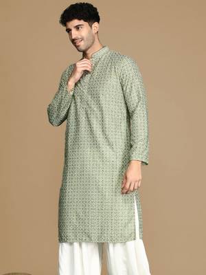 Unleash your style with men's green printed with sequins touch up trendy fusion wear kurta by sanwara 3