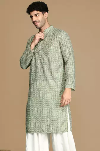 Unleash your style with men's green printed with sequins touch up trendy fusion wear kurta by sanwara