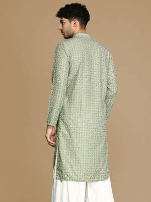 Unleash your style with men's green printed with sequins touch up trendy fusion wear kurta by sanwara 4