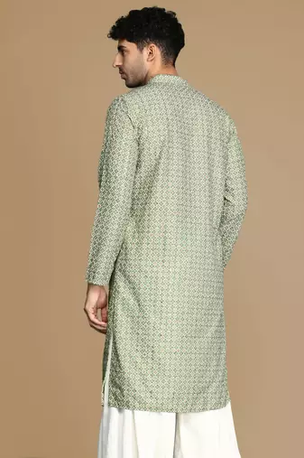 Unleash your style with men's green printed with sequins touch up trendy fusion wear kurta by sanwara
