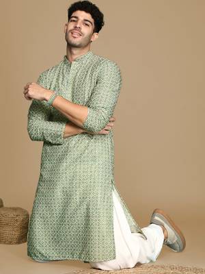 Unleash your style with men's green printed with sequins touch up trendy fusion wear kurta by sanwara 5
