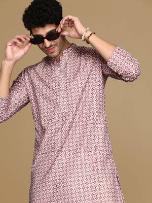 Unleash your style with men's rust printed with sequins touch up trendy fusion wear kurta by sanwara 1