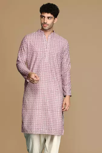 Unleash your style with men's rust printed with sequins touch up trendy fusion wear kurta by sanwara