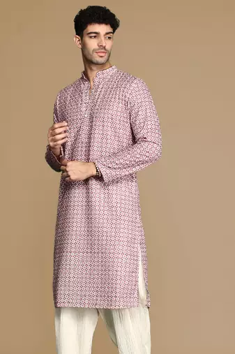 Unleash your style with men's rust printed with sequins touch up trendy fusion wear kurta by sanwara