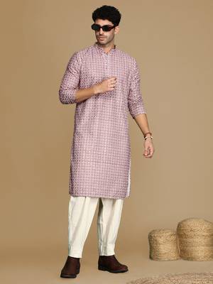 Unleash your style with men's rust printed with sequins touch up trendy fusion wear kurta by sanwara 5